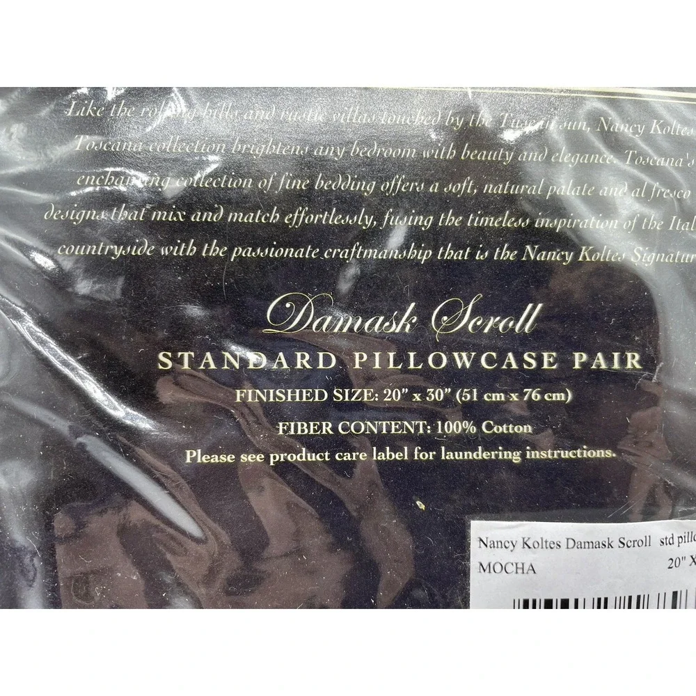 Nancy Koltes Toacana Collection Damask Scroll Mocha Standard Pillowcase 2‎ New